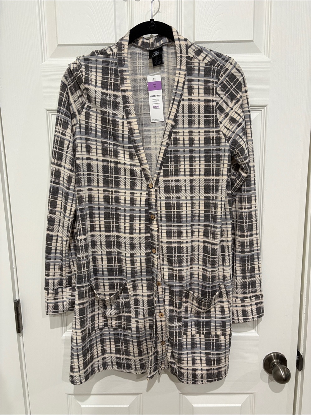 Agnes & Dora Grey and Cream Plaid Cardigan